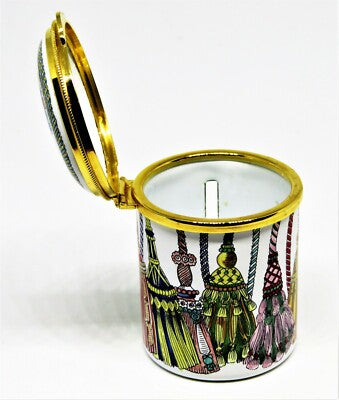 STAFFORDSHIRE ENGLISH ENAMEL STAMP  BOX - COLORFUL BRAIDED TASSELS