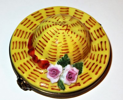 LIMOGES FRANCE BOX ~ROCHARD~ VINTAGE STRAW SUMMER HAT & BISQUE ROSES ~ GARDENING