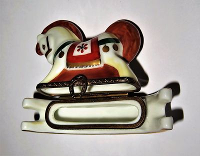 LIMOGES FRANCE BOX -PARRY-VIEILLE- TOY ROCKING HORSE -TOYS- GOLD BELLS & FLOWERS