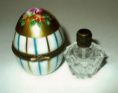 LIMOGES FRANCE BOX ~ FLORAL EGG & PERFUME BOTTLE ~ FLOWERS & STRIPES ~ ROSES