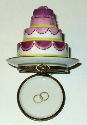 LIMOGES BOX ~ WEDDING CAKE ON A GOLD PLATE ~ROSE FLOWER & GOLD RINGS~ PEINT MAIN