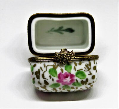 LIMOGES FRANCE BOX - FLORAL PERFUME CHEST & 2 BOTTLES - PINK ROSES & GOLD VINES