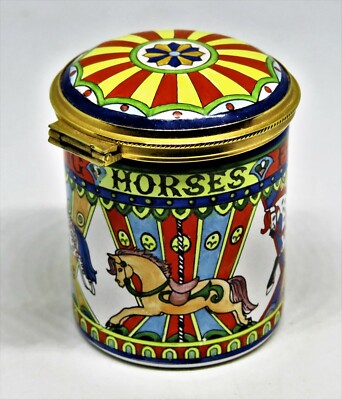STAFFORDSHIRE ENGLISH ENAMEL BOX - FLYING HORSES CAROUSEL - MERRY-GO-ROUND