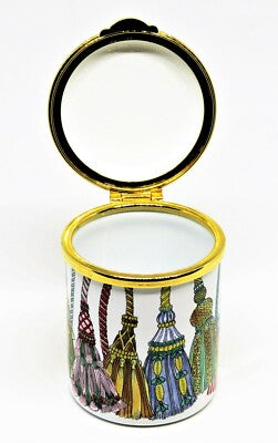 STAFFORDSHIRE ENGLISH ENAMEL STAMP  BOX - COLORFUL BRAIDED TASSELS