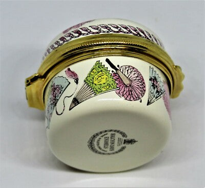 HALCYON DAYS ENGLISH ENAMEL BOX - ASIAN FANS - FLOWERS & FEATHERS - TASSELS