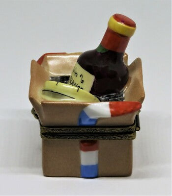 LIMOGES FRANCE BOX - CRATE WITH WINE & CHEESE - "PARIS" & "CALIFORNIA" LABELS