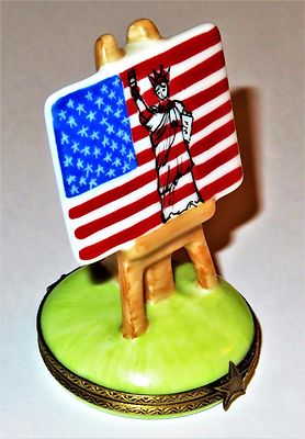 LIMOGES FRANCE BOX - U. S. FLAG & STATUE OF LIBERTY PAINTING &EASEL - JULY 4TH