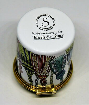 STAFFORDSHIRE ENGLISH ENAMEL STAMP  BOX - COLORFUL BRAIDED TASSELS