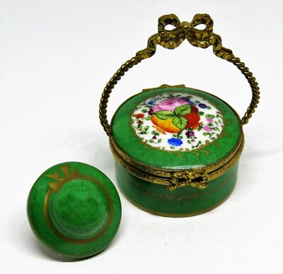 LIMOGES FRANCE BOX - VINTAGE FLORAL BASKET & REMOVABLE HAT - FLOWERS