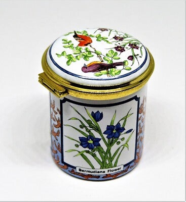 STAFFORDSHIRE ENGLISH ENAMEL STAMP BOX - BIRDS & BERMUDA FLOWERS - BLUEBIRD