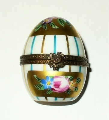 LIMOGES FRANCE BOX ~ FLORAL EGG & PERFUME BOTTLE ~ FLOWERS & STRIPES ~ ROSES