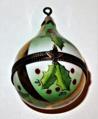 LIMOGES BOX- ELDA - CHRISTMAS TREE ORNAMENT -HOLLY & GOLD RIBBON- 3D SANTA CLAUS