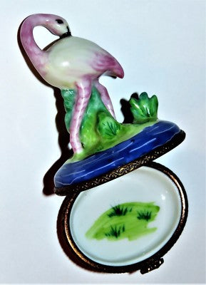 LIMOGES FRANCE BOX - PV - PINK FLAMINGO - GRASS & WATER & 3 DIMENSIONAL REEDS