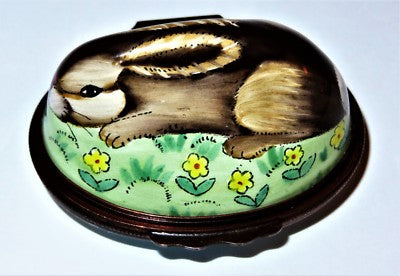 HALCYON DAYS ENAMEL BOX - BUNNY BONBONNIERE - BROWN RABBIT & YELLOW FLOWERS