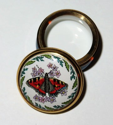 HALCYON DAYS ENGLISH ENAMEL BOX - BUTTERFLY & LAVENDER FLOWERS - LEAF BORDER