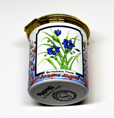 STAFFORDSHIRE ENGLISH ENAMEL STAMP BOX - BIRDS & BERMUDA FLOWERS - BLUEBIRD