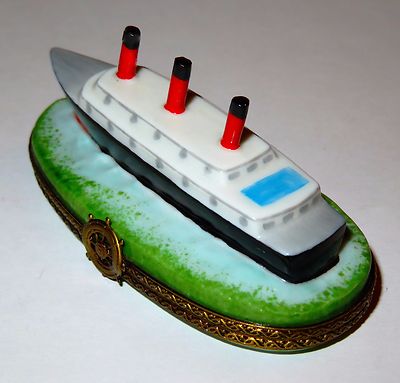 LIMOGES FRANCE BOX -CHAMART- CRUISE SHIP -OCEAN LINER- SHIP'S WHEEL & DECK CHAIR
