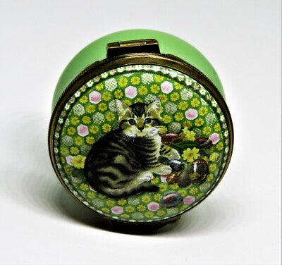 CRUMMLES ENGLISH ENAMEL BOX - KITTEN & FLOWERS & EASTER EGGS - LESLEY ANNE IVORY