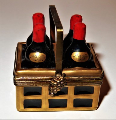 LIMOGES FRANCE BOX ~ PV ~ 1997 WINE BOTTLES IN A BASKET ~ CORKSCREW ~ PEINT MAIN