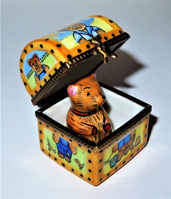 LIMOGES FRANCE BOX - TRUNK & PORCELAIN BEAR - TEDDY BEAR IN THE FOUR SEASONS