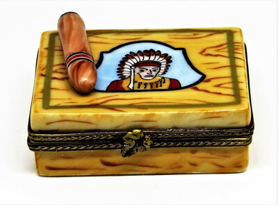 LIMOGES FRANCE BOX - WOODEN CIGAR BOX & 5 CIGARS - FEATHERED HEADDRESS - LE