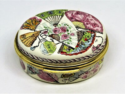 HALCYON DAYS ENGLISH ENAMEL BOX - ASIAN FANS - FLOWERS & FEATHERS - TASSELS