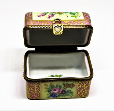 LIMOGES FRANCE BOX - VINTAGE PINK FLORAL CHEST - FLOWERS - ROSES - PADLOCK CLASP