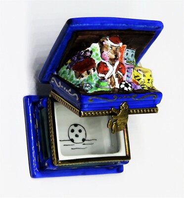 LIMOGES FRANCE BOX - CHRISTMAS - TOY CHEST & A TEDDY BEAR IN A SANTA CLAUS SUIT