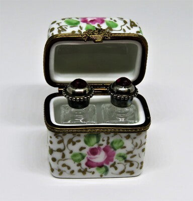 LIMOGES FRANCE BOX - FLORAL PERFUME CHEST & 2 BOTTLES - PINK ROSES & GOLD VINES