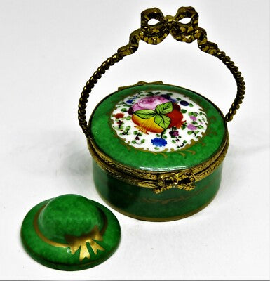 LIMOGES FRANCE BOX - VINTAGE FLORAL BASKET & REMOVABLE HAT - FLOWERS