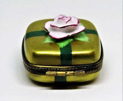 LIMOGES FRANCE - GOLD GIFT BOX & PINK BISQUE ROSE & GREEN RIBBON -ANNIVERSARY