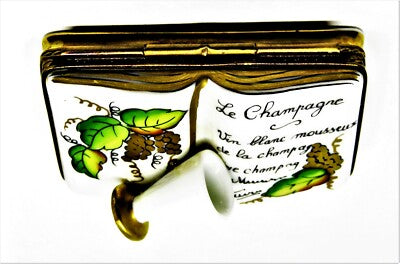 LIMOGES FRANCE BOX ~ RIBIERRE ~ BOOK OF CHAMPAGNE & FLUTE ~ GRAPES ~ PEINT MAIN