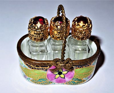 LIMOGES FRANCE BOX - FLORAL BASKET & THREE PERFUME BOTTLES - PINK FLOWERS