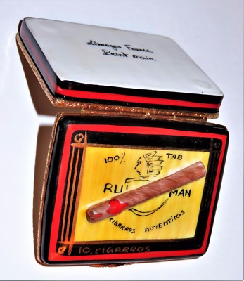 LIMOGES FRANCE BOX ~ BLUE MAN CIGAR BOX ~ 7 CIGARS INSIDE ~ TOBACCO ~ PEINT MAIN
