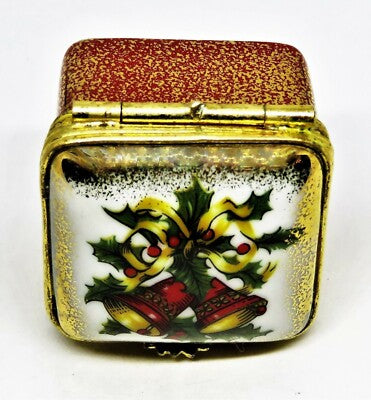 LIMOGES FRANCE BOX ~ CHRISTMAS ~ DUBARRY FLORAL ~ BELLS & HOLLY & RIBBONS