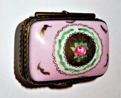 LIMOGES FRANCE BOX - TINY RECTANGLE - PINK ROSE & GOLD FEATHERS - FLOWERS - "MC"