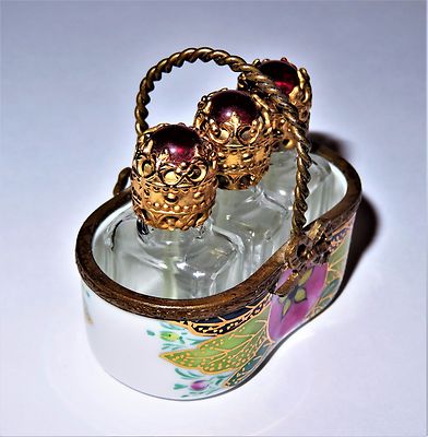 LIMOGES FRANCE BOX - FLORAL BASKET & THREE PERFUME BOTTLES - PINK FLOWERS