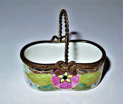 LIMOGES FRANCE BOX - FLORAL BASKET & THREE PERFUME BOTTLES - PINK FLOWERS