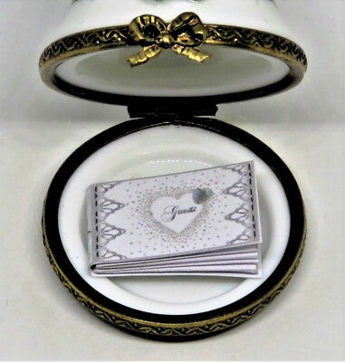 LIMOGES FRANCE BOX- CHAMART - WEDDING BELL & 3D PLATINUM BOW -HEARTS- GUEST BOOK