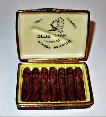 LIMOGES FRANCE BOX ~ BLUE MAN CIGAR BOX ~ 7 CIGARS INSIDE ~ TOBACCO ~ PEINT MAIN