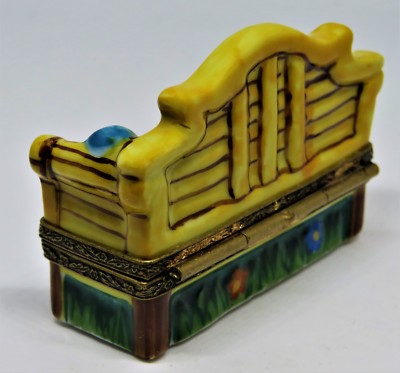 LIMOGES FRANCE BOX- PIERRE ARQUIE - GARDEN OR PARK BENCH - HAT & SHAWL - FLOWERS
