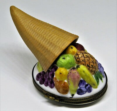LIMOGES BOX - CHAMART - THANKSGIVING -CORNUCOPIA & FRUITS- WICKER HORN OF PLENTY