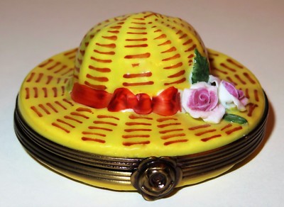 LIMOGES FRANCE BOX ~ROCHARD~ VINTAGE STRAW SUMMER HAT & BISQUE ROSES ~ GARDENING