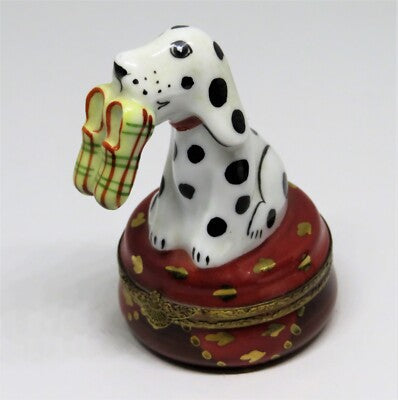 LIMOGES FRANCE BOX - LAGLORIETTE - DALMATIAN DOG & PLAID SLIPPERS - PUPPY