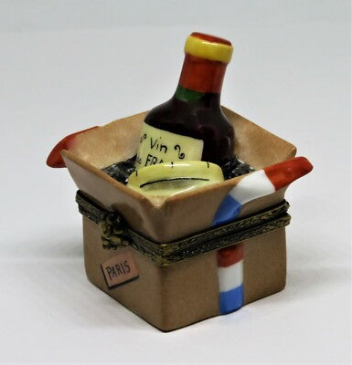 LIMOGES FRANCE BOX - CRATE WITH WINE & CHEESE - "PARIS" & "CALIFORNIA" LABELS