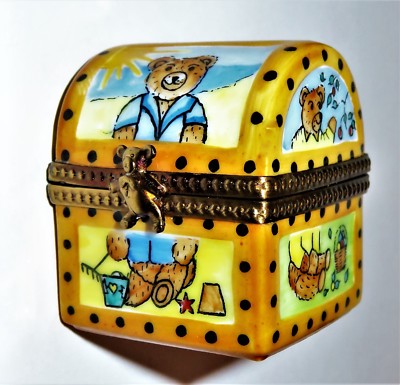 LIMOGES FRANCE BOX - TRUNK & PORCELAIN BEAR - TEDDY BEAR IN THE FOUR SEASONS