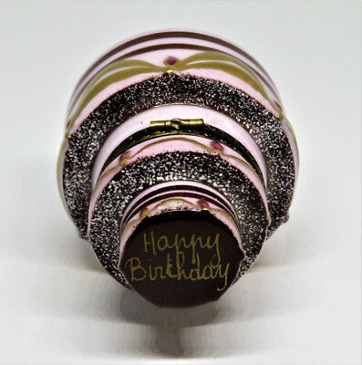 LIMOGES FRANCE BOX - PINK "HAPPY BIRTHDAY" CAKE - CHOCOLATE WTH GOLD SWAGS