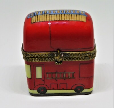 LIMOGES FRANCE BOX - RED FIRE ENGINE - FIRE TRUCK - LADDERS & HOSES - FIREMEN