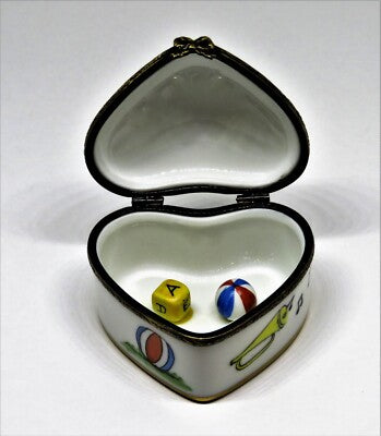 LIMOGES FRANCE BOX ~ HEART & GIRL & TOYS ON GRASS ~ DOLL & BALL ~ PEINT MAIN