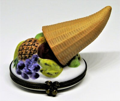 LIMOGES BOX - CHAMART - THANKSGIVING -CORNUCOPIA & FRUITS- WICKER HORN OF PLENTY